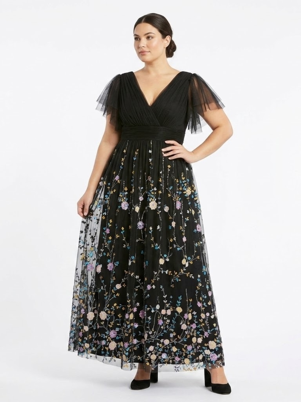 Mac Duggal Floral Sequin Gown Dress Women Sz 20 Black Mesh V-Neck Evening Formal